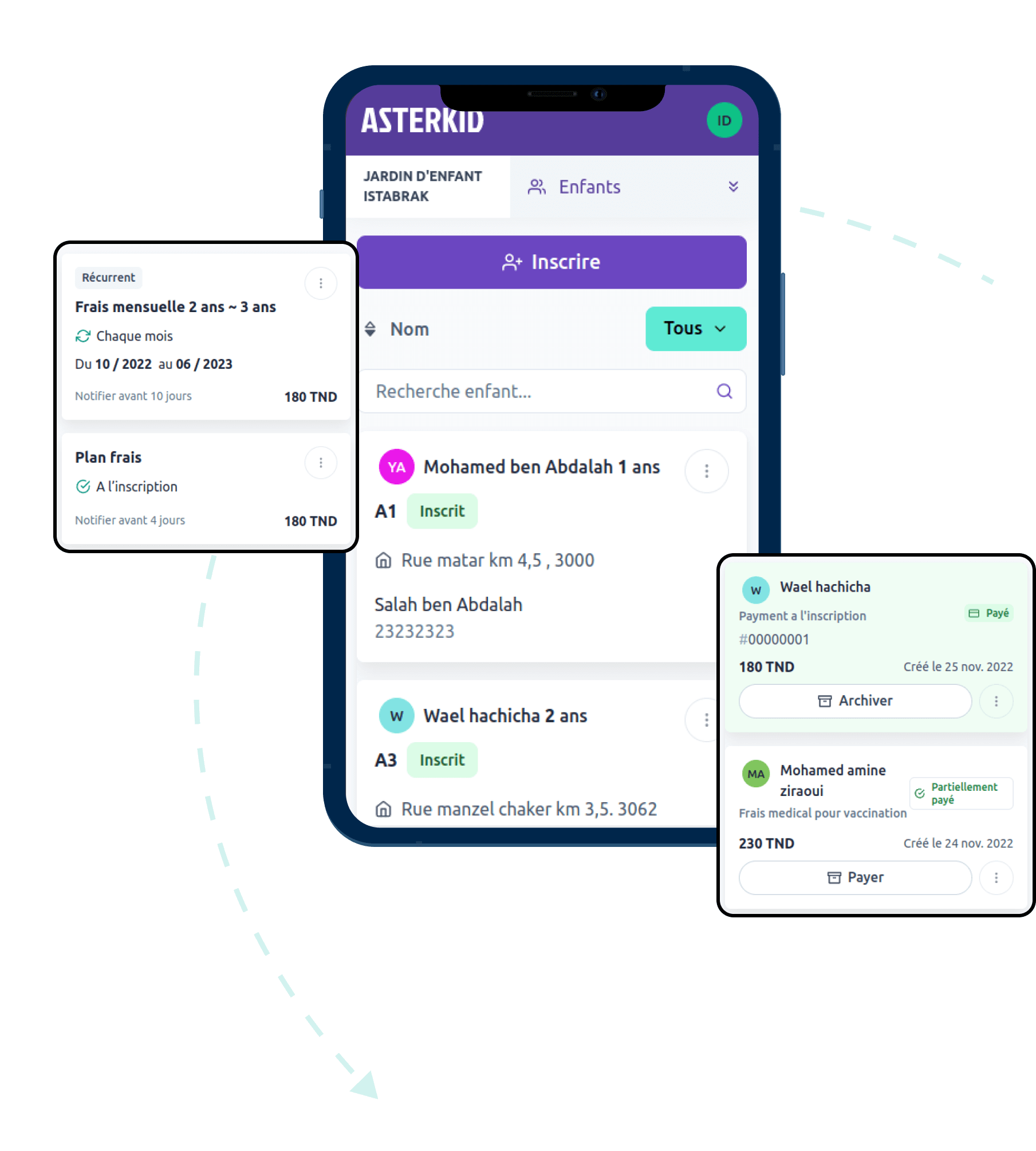 capture d'écran systeme suivi paiement application asterkid